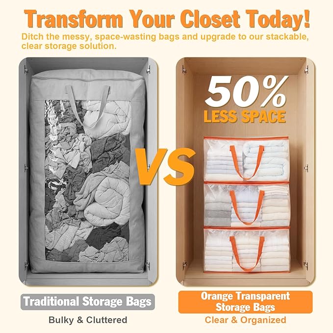 KYODOLED Clear Moving Bags with Orange Handles, 6-Pack Heavy Duty Storage Totes for Clothes & Bedding, Extra Large 27"x14"x15" (24 Gal), Foldable Transparent Organizer with Label Pocket, PP Material