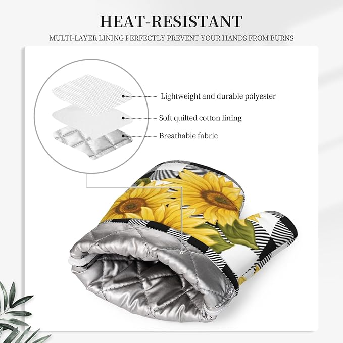 Sunflower Black White Buffalo Plaid Oven Mitts and Pot Holders Sets Silicone Yellow Floral Lumberjack Check Kitchen Mitts Potholders Heat Resistant 4Pcs Oven Gloves Hot Pads for Kitchen