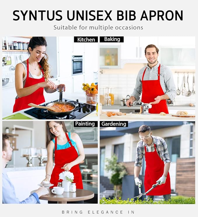 Syntus 12 Pack Bib Apron, Unisex Aprons Adjustable Waterdrop Resistant with 2 Pockets Cooking Kitchen Apron for Chef, BBQ Drawing Apron Bulk, Red