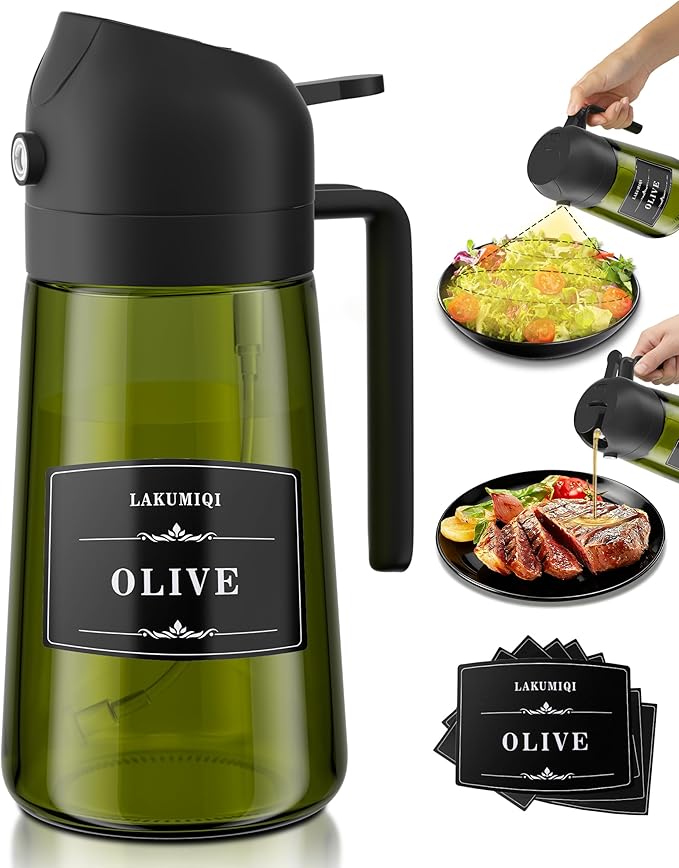 LAKUMIQI 2 in 1 Oil Sprayer for Cooking, 16oz Olive Oil Dispenser Bottle for Kitchen, Food Grade Light-Blocking Leak Proof Glass Spray Bottle for Salad, Air Fryer, BBQ