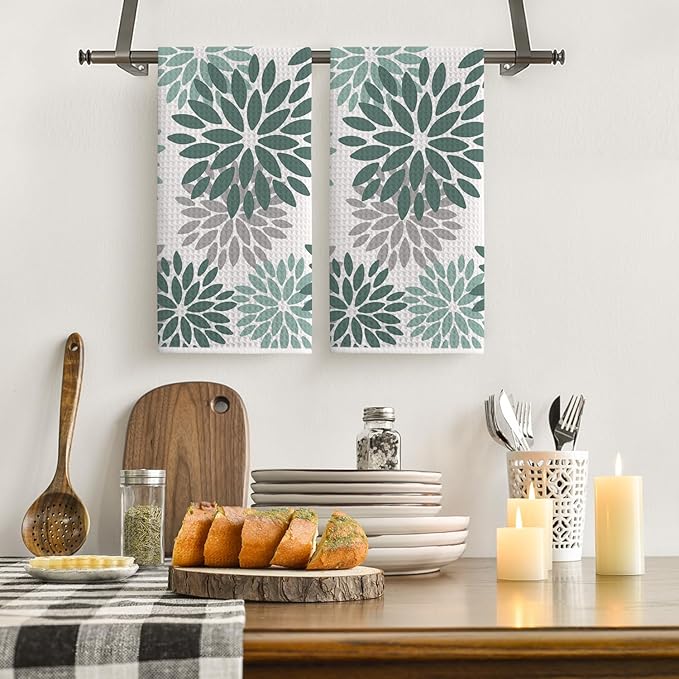 Artoid Mode Green Dahlia Floral Kitchen Towels Dish Towels, 18x26 Inch Quick Dry Microfiber Cloth Hand Towels for Kitchen Drying Set of 2