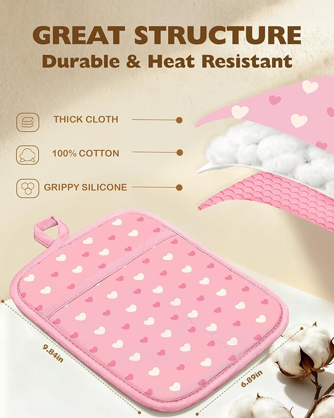 Slohif Silcone Heart Pot Holders for Kitchen - 100% Cotton Pink Cute Oven Potholders with Pockets, Heat Resistant Square Thick Hot Pads, House New Home Baking Baker Gifts,2pack
