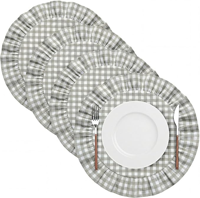 4 Pcs 15 Inch 100% Cotton Scalloped Round Placemats, Thin Countryside Green Gingham Place Mats with Ruffle, Washable Placemats Table Mats for Kitchen Dining Holiday Gatherings Decor