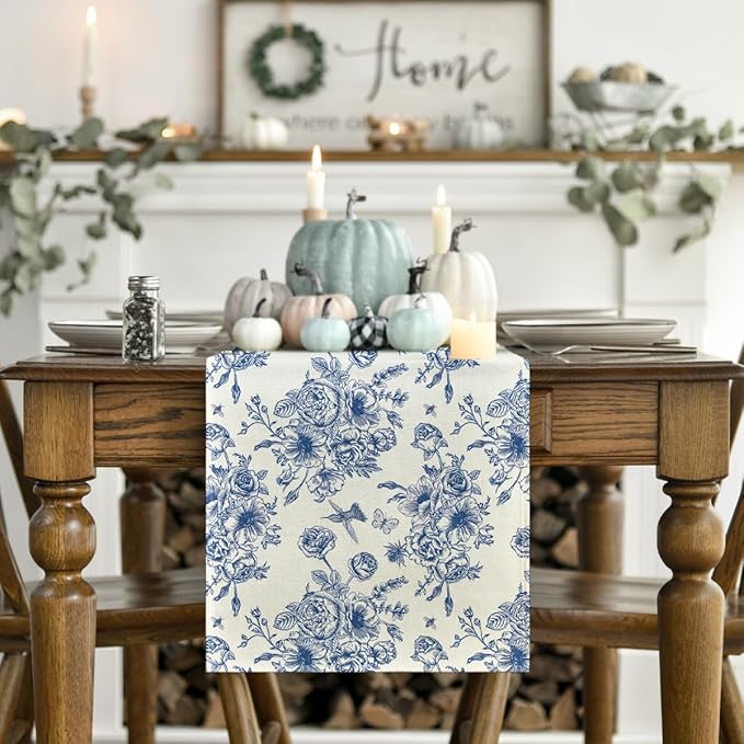 Artoid Mode Spring Beige Blue Floral Chinoiserie Table Runner, Seasonal Summer Kitchen Dining Table Decoration for Home Party Decor 13x36 Inch