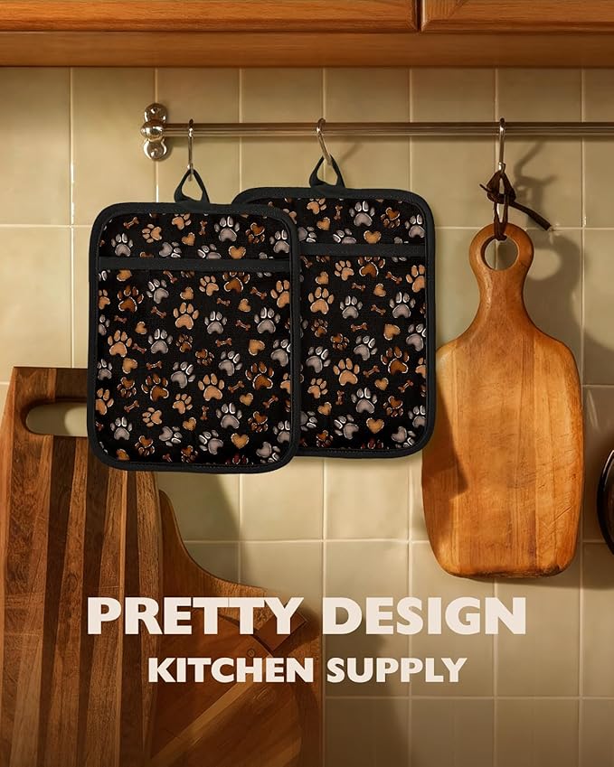 Slohif Silcone Paw Pot Holders for Kitchen - 100% Cotton Black Cute Oven Potholders with Pockets, Heat Resistant Square Thick Hot Pads, House New Home Baking Baker Gifts,2pack