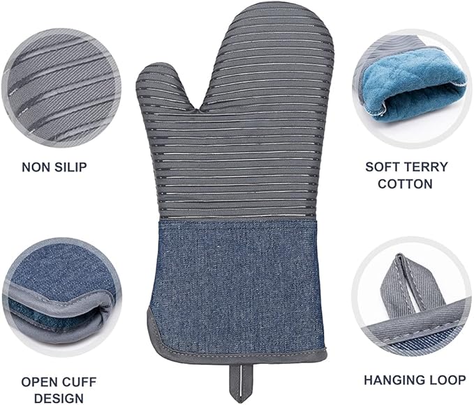 Yutat Oven Mitts, Pot Holders Set of 4 Made with Pure Cotton and Food Grade Non-Slip Silicone - 500 F Heat Resistant Oven Mitts and Pot Holders Sets for Kitchen Cooking (4pcs Set, Grey and Denim)