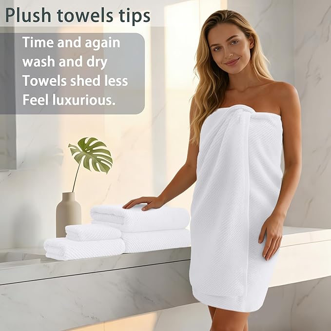VOOVA & MOVAS White Towels Bathroom Sets - 100% Cotton | Quick Dry | Lightweight | Thick, 6PCS Bath Towels Set, 2 Large Bath 30"x56", 2 Hand 18"x28", 2 Wash Cloths 13"x13", Hotel Shower Towel Luxury