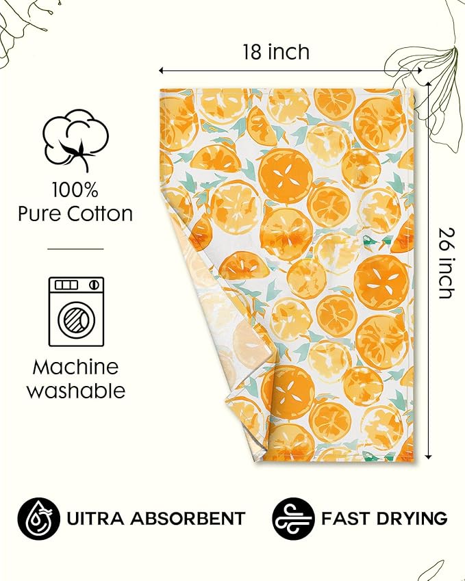 Miss Adola Flour Sack Kitchen Towels - Set of 2 Spring Dish Towels with Hanging Loop 18x26 Inch Absorbent Reusable Cotton Cloths for Cleaning Cute Design Home Decorative Housewarming, Lemon