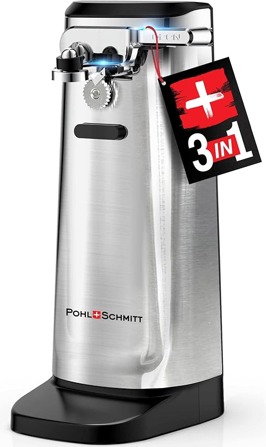 POHL SCHMITT Electric Can Opener, Knife Sharpener & Bottle Opener, Easy Push Down Lever, Works with Standard And Pop-Top Cans, Durable Stainless Steel & ABS - Kitchen Essentials and Accessories