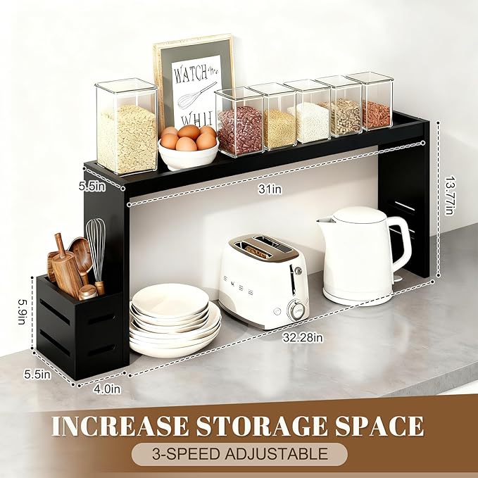 31-inch bamboo stove rack for above the hob, kitchen bamboo spice rack, supports up to 50 pounds. Bamboo stove rack for storing spices and kitchen utensils. (Black)