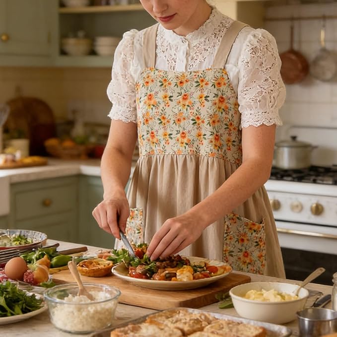 Uaussi Cotton Linen Apron Cross Back Work Apron for Women with Pockets Pinafore Dress X Cross Halter Apron for Chef Gardening