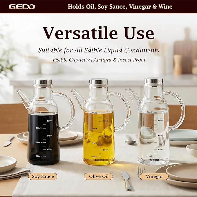 GEDO Borosilicate Glass Oil Dispenser, Eagle Beak Drip-Free Spout with Airtight Stainless Steel Lid, Measurement Markings & Ergonomic Handle, Multi-Purpose for Kitchen & Outdoor Picnic (0.58QT/550ml)