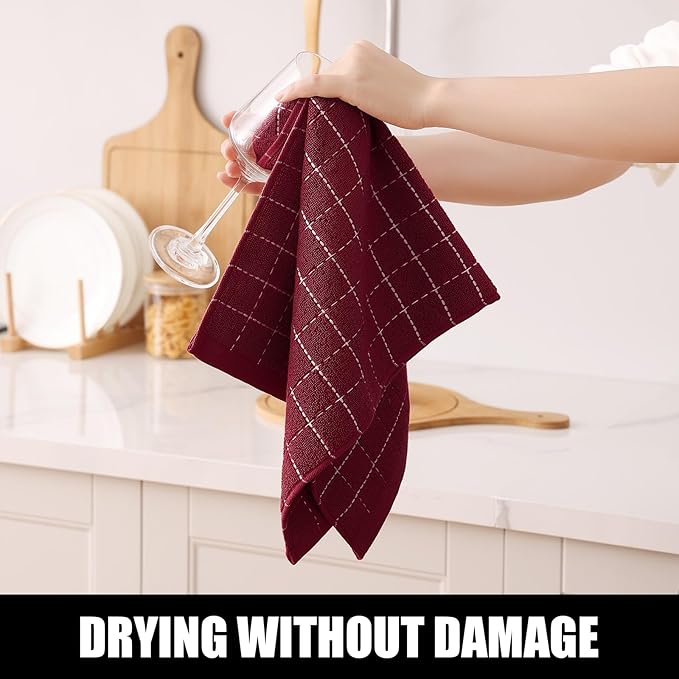Homaxy 100% Cotton Terry Kitchen Towels(Burgundy Red, 13 x 28 inches), Checkered Designed, Soft and Super Absorbent Dish Towels, 8 Pack