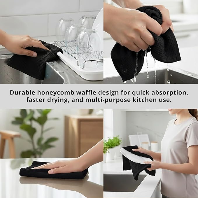 PurpleEssences Waffle Weave Kitchen Towel, 100% Cotton - 15x25 Inches with Hanging Loop, Ultra Soft Absorbent Quick Drying Dish Cloth, Tea and Hand Towels, 6 Pack - Spring Easter Summer - Black