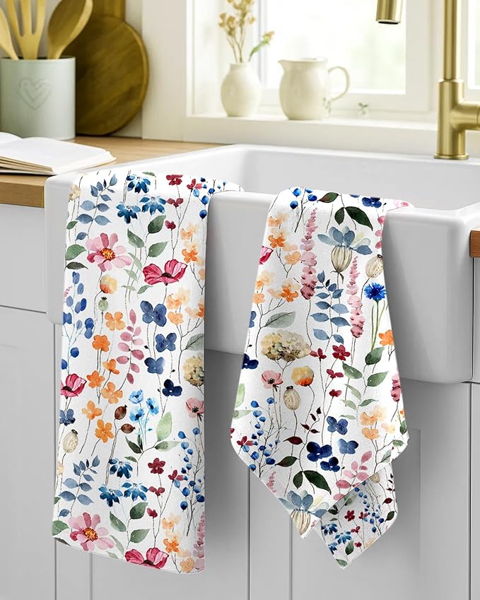 Miss Adola Flour Sack Kitchen Towels Set of 2-18x26 Cotton Dish Towels with Hanging Loop Reusable Tea Towel for Cleaning Spring Absorbent Dishcloths Cute Home Decor Housewarming, Watercolor Flower