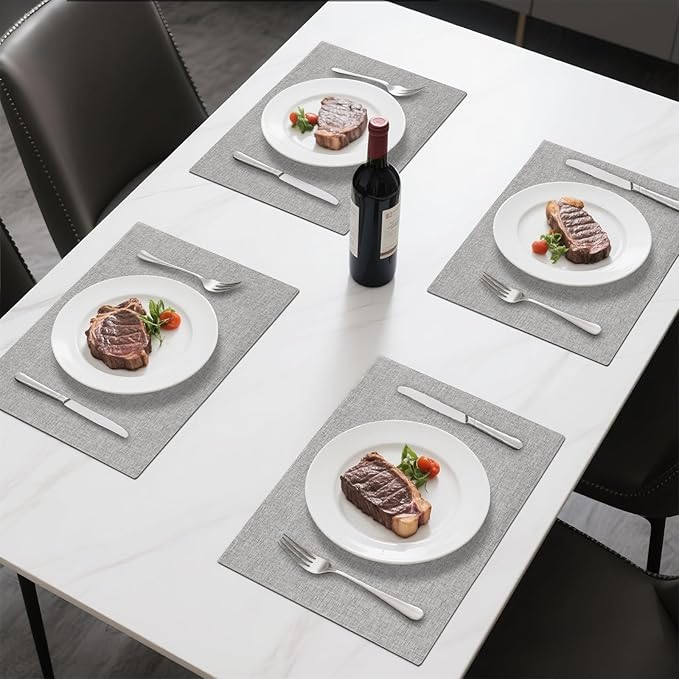 Linen Cloth Double Layers Placemats, Cotton Woven Placemats Set of 6, Kitchen Table Farmhouse Decor Heat Resistant Table Mats, Outdoor Indoor Square Fabric Place Mats Can be Washable (Light Gray)