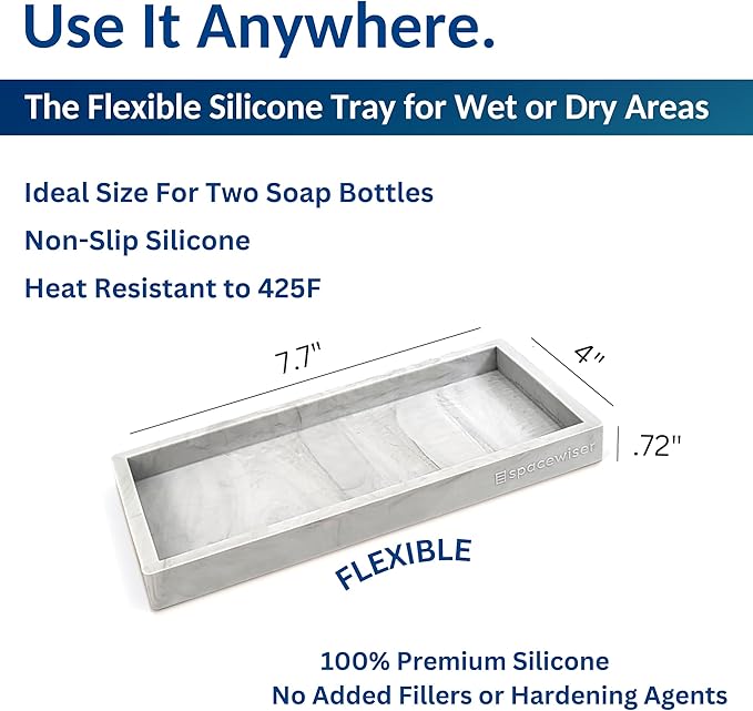Spacewiser Countertop and Vanity Tray - Small 7.7” Silicone Tray for Soap Dispenser Bottles, Sponge Holder for Kitchen Sink Caddy Organizer, Bathroom Trays, Dish Soap Holder for Kitchen Counter, Keys