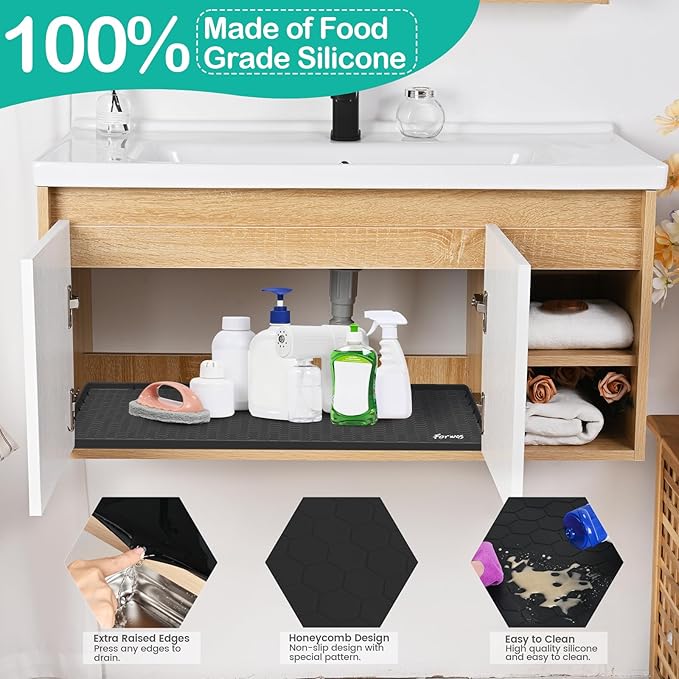 Waterproof Under Sink Mat 31" x 22", Silicone Cabinet Liner, Rubber Protector for Kitchen and Bathroom, Keeps Cabinets Clean, Dry, and Organized (Black)
