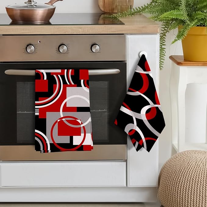Red Black Grey White Kitchen Dish Towels Set of 4, Soft Absorbent Modern Abstract Decorative Tea Towels for Kitchen, Hand Drying Baking Cooking Cloth 16x24 Inch