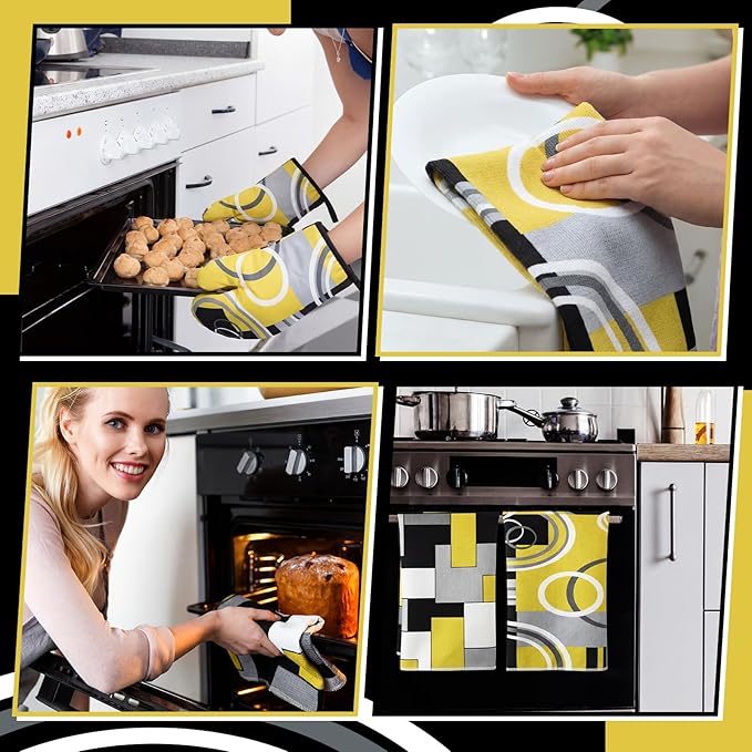 Jingmore 6 Pcs Kitchen Decor Set Accessory Farmhouse Kitchen Towels Pot Holders Oven Mitts Set 2 Dish Towels 2 Pot Holders 2 Cooking Mittens Oven Glove for Cooking(Black, Yellow, Gray,Geometric)
