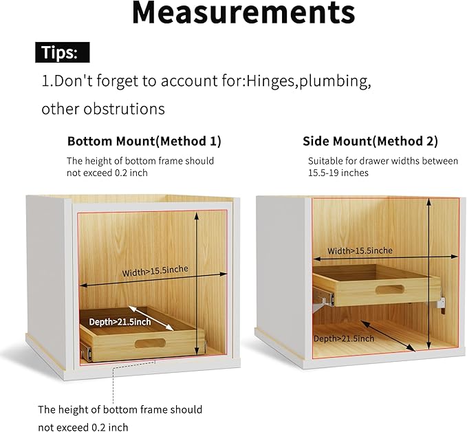 Pull Out Cabinet Organizer Upgrade, 15” W x 21” D Soft Close Slide Out Wood Drawer Storage Shelves for Kitchen, Base Cabinet Organization for Pantry, Finished, Heavy-Duty, Bottom & Side Assembly