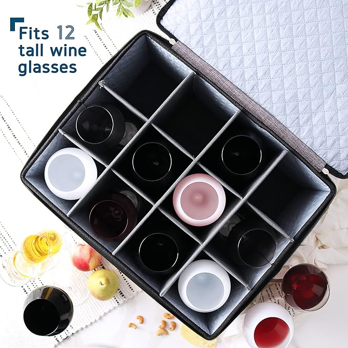 Wine Glass Storage Box with Dividers, 2 Pack Stackable Stemware Storage Cases, Service of 24 Glassware Storage Containers, Quilted China Storage Containers for Moving and Seasonal Storage, Grey