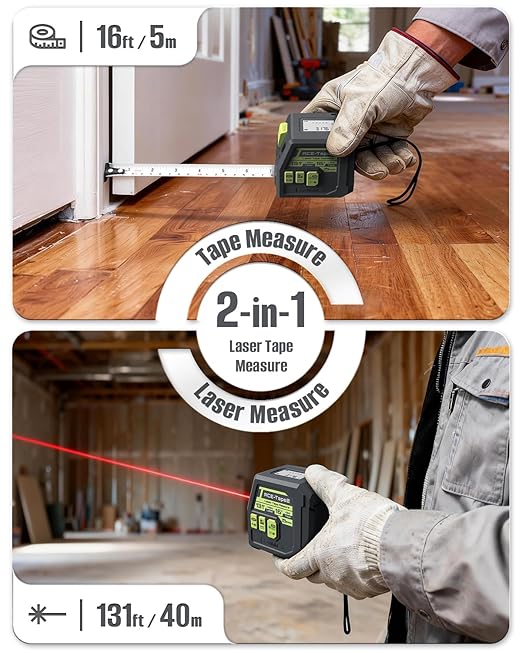Laser Tape Measure 2-in-1, Inkerma 131Ft/40m Laser Measurement Tool & 16Ft/5m Measuring Tape, Digital Laser Tape Measure with Pythagorean Mode, Area and Volume, Self-Locking Tape, Belt Clip
