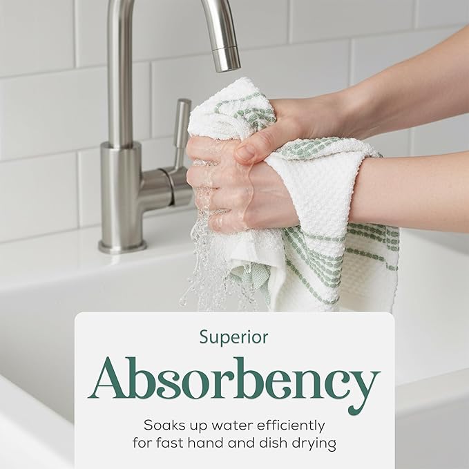 MosJos Kitchen Towels, Cotton Hand Towels White & Turquoise Mini Weaved Stitched Design 4 Pack Absorbent Hand Drying Cloths, 18 x 28 Kitchen Linens