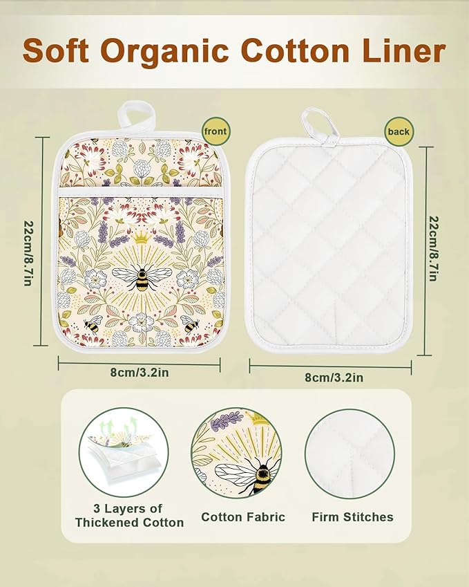 Swooflia 100% Cotton Pot Holders 2 Pack Set for Kitchen with Pockets - Cute 440°F Heat Resistant Oven Hot Pads Heavy Duty for Countertop Home Cooking Baking Microwave BBQ Bee
