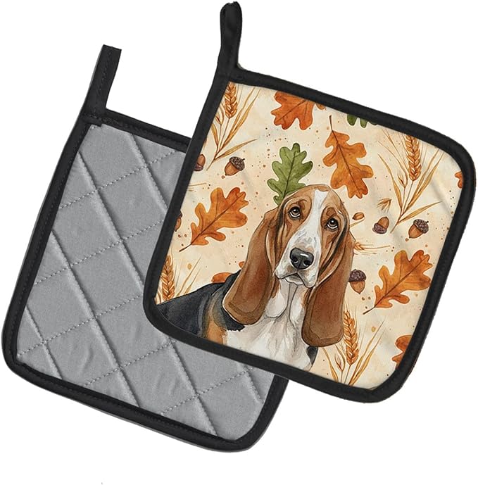 Caroline's Treasures Tricolor and White Basset Hound Heirloom Fall Pair of Pot Holders Pair 7.5x7.5 Quilted Insulated Hot Pads Decorative Kitchen Gift Made in USA