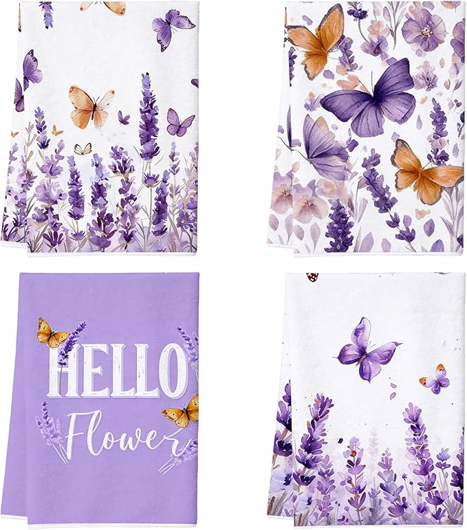 4Pcs Purple Lavender Kitchen Towels-16×24in Spring Floral Dish Towels, Super Absorbent Flower Holiday Decor Hand Towels for Kitchen Bathroom Home Easter Mother‘s Day Gifts
