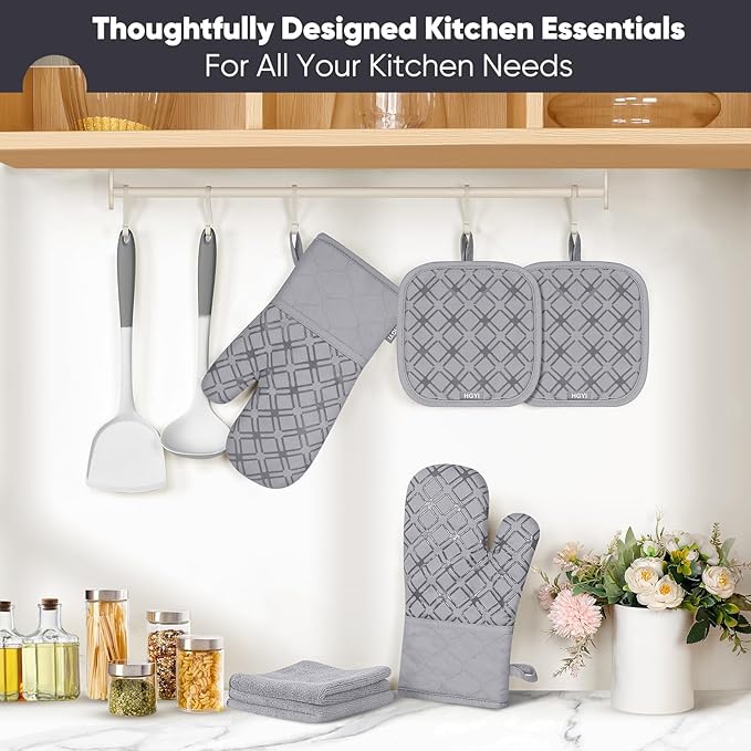 Oven Mitts and Pot Holders Set with Dishcloths, 500 Degree Heat Resistant Oven Gloves and Hot Pads, Premium Soft Cotton Kitchen Mittens and Dish Cloth Sets-Grey