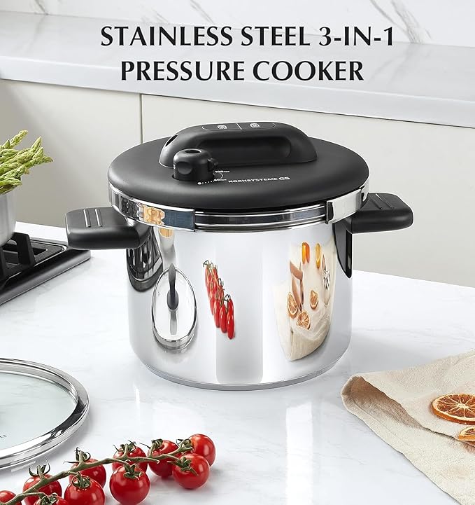 KOCH SYSTEME CS Stainless Steel Pressure Cooker 6.3 QT, Olla de Presion, Easy One-Press Lock, 3 PSI Settings Stovetop Pressure Cookers, Save 70% Time, Induction Compatible, Glass Lid & Steamer Rack