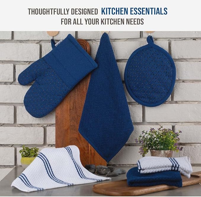 Lane Linen Tea Towels for Kitchen - 16 Pc Kitchen Towel Set with Silicone Oven Mitts and Pot Holders Sets, Cotton Kitchen Towels, Absorbent Dish Towels, Hand Towels for Kitchen - Indigo