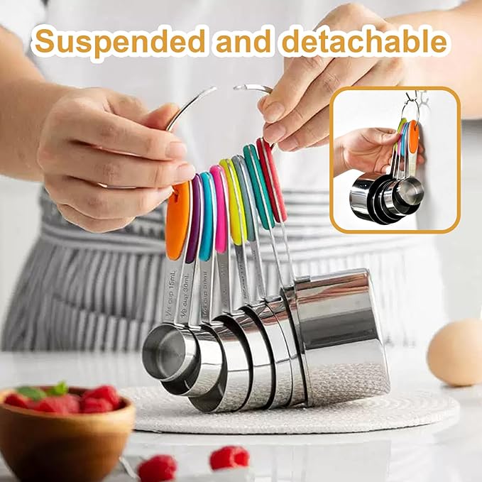 Stainless steel measuring cup set, consisting of 8 cups, suitable for cooking and baking.