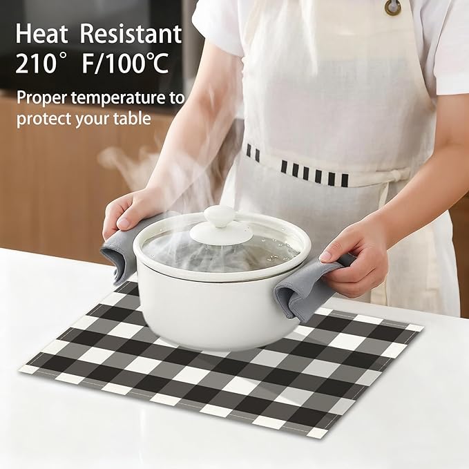 Black and White Placemats Buffalo Plaid Place Mats Farmhouse Rustic Decorative Table Mats Set of 4 - Linen Heat Resistant Washable Placemats for Kitchen Dining Coffee Table 12x18Inch