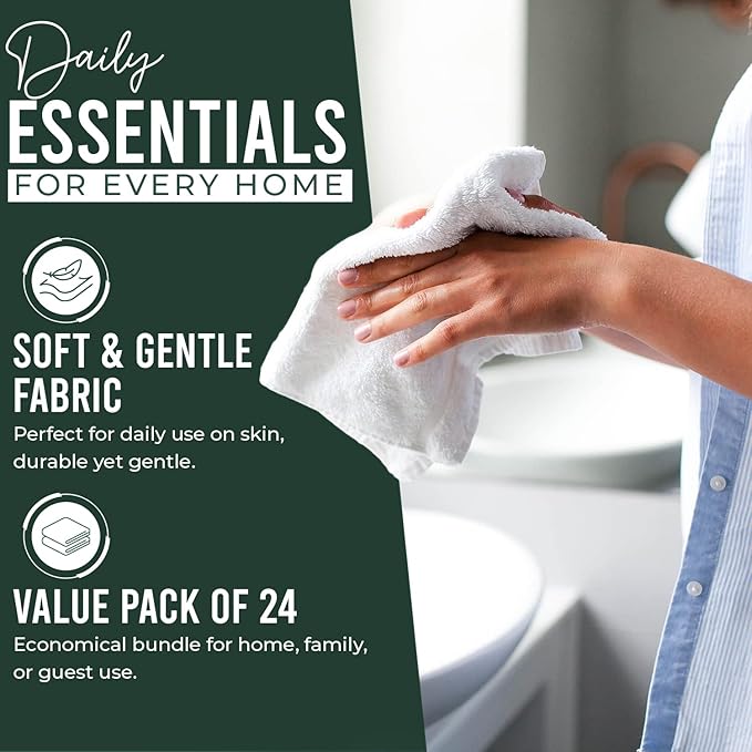 DAN RIVER 24 Pack Wash Cloths for Showering [12x12] - 100% Cotton Washcloths Premium Quality Flannel Face Cloths for Bathroom, Highly Absorbent and Soft Feel Wash Clothes, Huntergreen