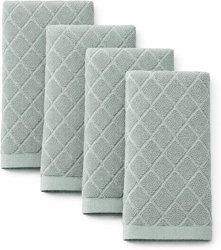 MosJos Kitchen Towels, Set of 4 Hand Towels, Blue Diamond Pattern Drying Towels 18 x 28 Super Absorbent Cotton Hand Cloths with Fringed Edges, Everyday Essentials Kitchen Linens