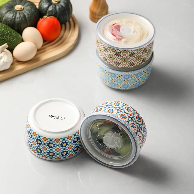 Ceramic Bowls Set with Lid: Microwave Safe Soup Containers for Meal Prep, Cereal, Salad, Picnic, Camping, Office Lunch, Kitchen Food Storage - 5 Inch, 20 oz, 4 PCS, Design C