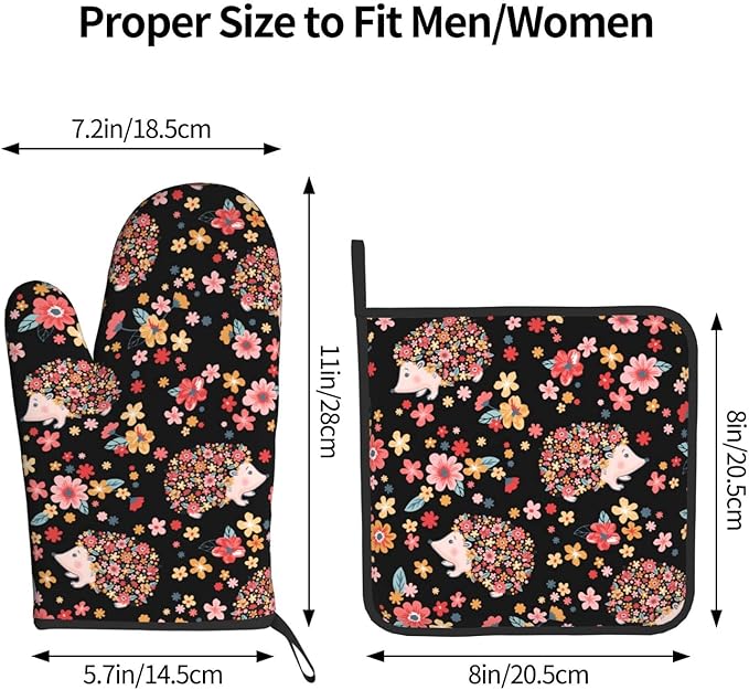 Flowers and Cute Hedgehogs Oven Mitts and Pot Holders Heat Resistant Oven Mitts Safe for Baking Cooking BBQ