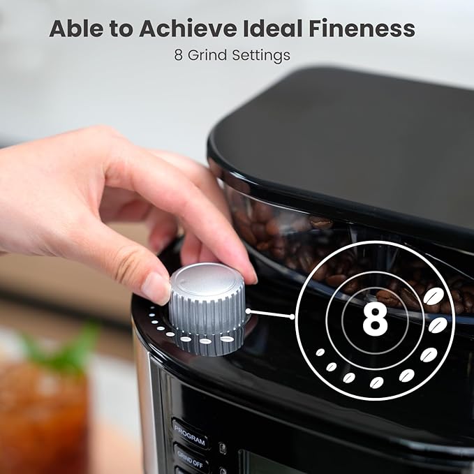Gevi 10-Cup Drip Coffee Maker, Built-in Burr Grinder, 1.5L Water Tank, Programmable Timer, Auto Keep-Warm, Reusable Filter, Fresh Grind Coffee Machine, Black