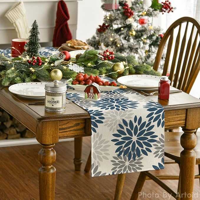 Artoid Mode Dahlia Aqua Floral Pinnata Flower Winter Table Runner, Seasonal Summer Holiday Kitchen Dining Table Decoration for Home Party Decor 13x90 Inch