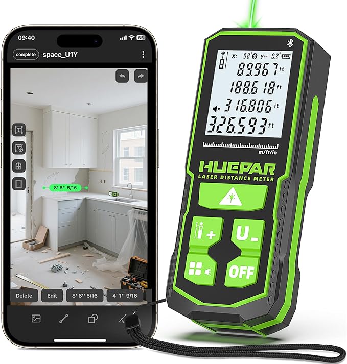 Huepar 330Ft Green Laser Measurement Tool with APP Control, Rechargeable Bluetooth Distance Meter ±1/16" High Accuracy, Angle Sensor, Multiple Modes, IP54 Waterproof Durable for Home & Construction