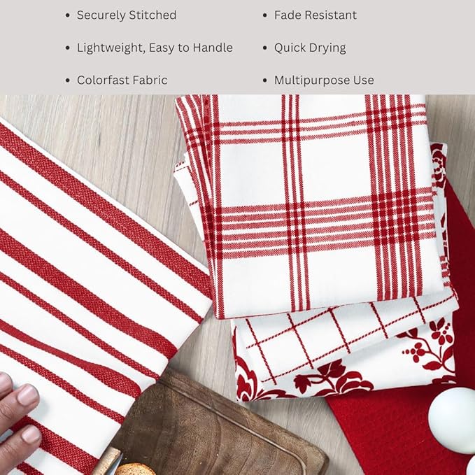 Assorted Kitchen Towels 100% Cotton 16x26 Inch - Super Absorbent, Soft & Quick Drying, Multi-Purpose for Drying & Cleaning, Ideal for Kitchen & Home Use, Set of 5 Low-Lint Dish Towels Red