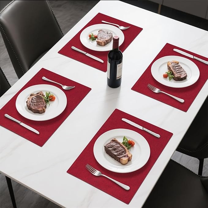 Linen Cloth Double Layers Placemats, Cotton Woven Placemats Set of 6, Kitchen Table Farmhouse Decor Heat Resistant Table Mats, Outdoor Indoor Square Fabric Place Mats Can be Washable (Burgundy)