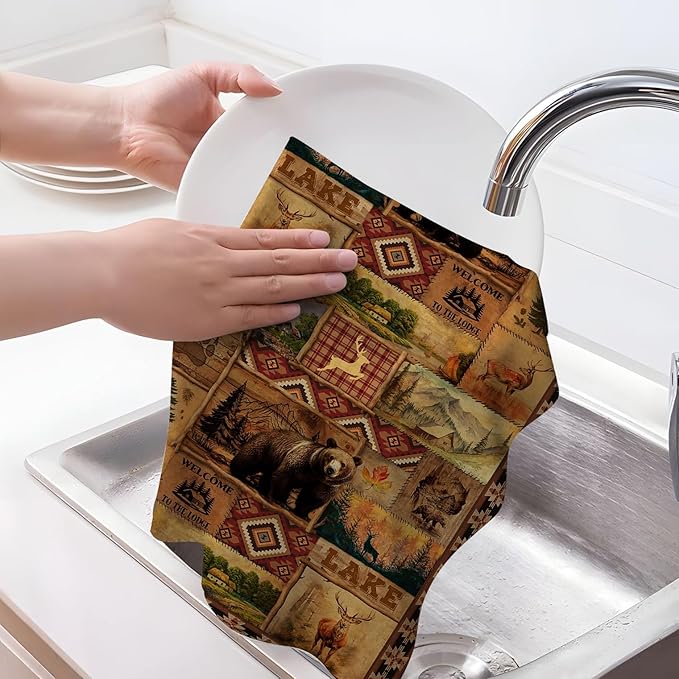 Vintage Rustic Kitchen Towel Set of 4, Lodge Bear Mountain Dish Towels for Kitchen Soft Absorbent Country Cabin Decor Hand Drying Baking Cooking Cloth, Farmhouse Decor 16" x 24"