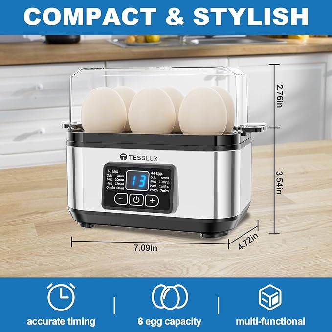 Tesslux Electric Rapid Egg Cooker, 6 Egg Capacity for Hard Boiled Eggs, Poached Eggs, Scrambled Eggs, or Omelets Maker with Auto Shut Off (Sliver)