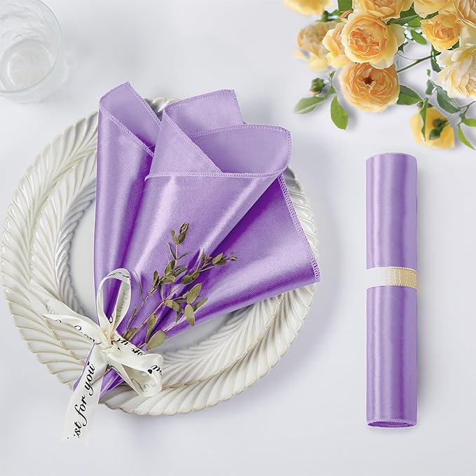 KKJIAF Lavender Silky Satin Napkins (12 Pack, 17x17 Inches),Washable Polyester Square Table Napkins for Wedding Dinner Party Decoration