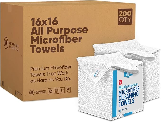 Microfiber Wholesale Bulk 16" x 16" All Purpose Towels Case Quantity (200 Count) | Large | No Fraying | High Density Microfiber | Zero Chemical Cleaner | Long-Lasting (White)