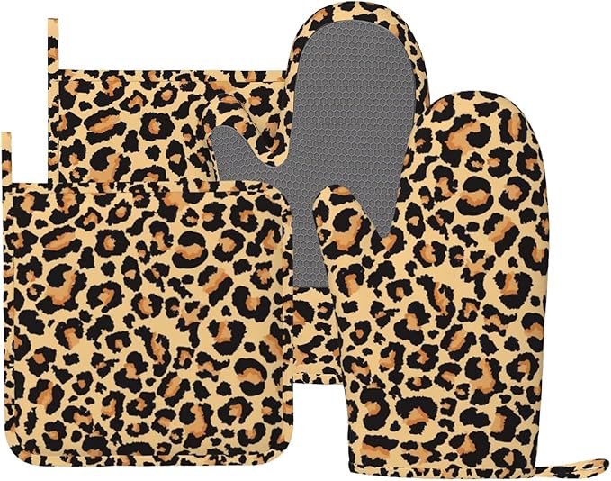 Brown Leopard Print Animal Skin Oven Mitts and Pot Holders 4 pcs Set Silicone Cheetah Print Kitchen Oven Mitt Gloves Pot Holders Non-Slip Heat Resistant Cooking Mitts Set for Kitchen Baking